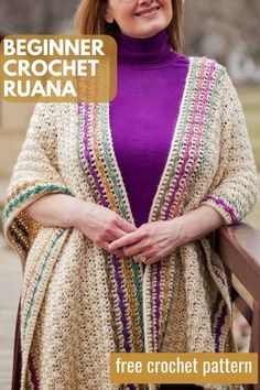 a woman wearing a crochet shawl with text overlay that reads beginner crochet ruana free crochet pattern