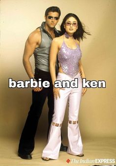 two people standing next to each other with the caption barbie and ken on them