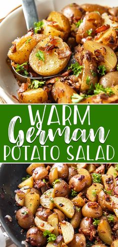 a close up of potatoes in a pan with the words warm german potato salad