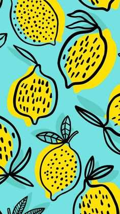 a blue and yellow background with lemons on it