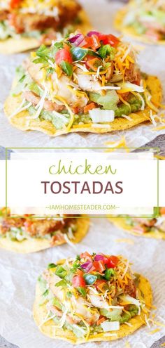 chicken tostadas with shredded cheese and vegetables on top