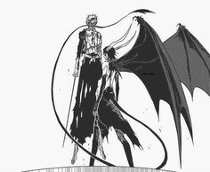 a black and white drawing of a demon standing next to a man with long hair