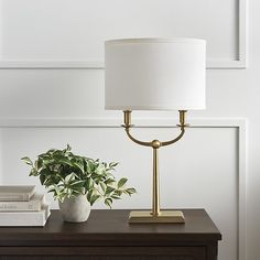 a table with a lamp, books and a potted plant sitting on top of it