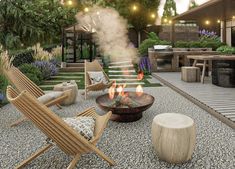 an outdoor fire pit surrounded by chairs and tables