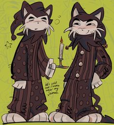 two cartoon cats dressed in costumes holding a candle and looking at each other's eyes