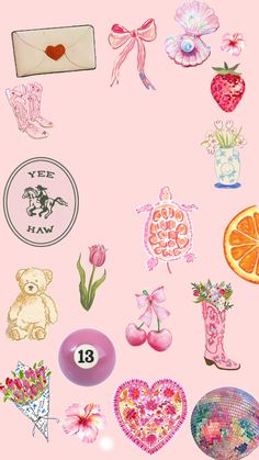 a pink background with lots of stickers and flowers on the bottom right corner is an image of a teddy bear