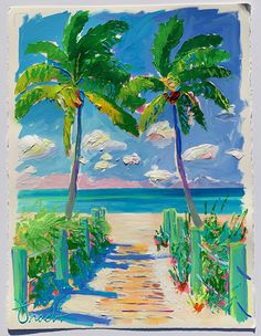 a painting of two palm trees on the beach