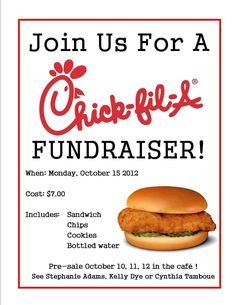 a flyer for a fundraiser event with a chicken sandwich