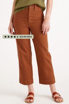 These stretch cotton twill high-waisted wide-leg pants are perfect to pair with shorter tops. Featuring a flattering cropped length, they're soft with a bit of stretch for extra comfort and the perfect fit.  | Quince | Women's Cropped Wide-Leg Chino Pants in Rust, Stretch Cotton Twill, Size 27 Wide Leg, Wide Leg Pants Outfit, Wide Leg Cropped Pants, Chino Pants, Wide Legs, Women Crop, Chinos Pants, Pants Outfit, Quince