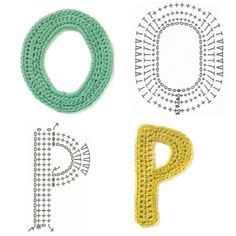 three crocheted letters are shown with the letter p in each one's center