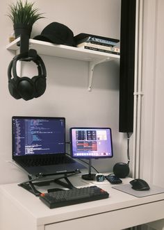 a laptop computer sitting on top of a white desk