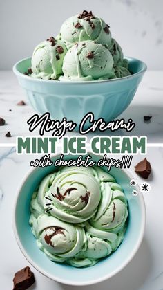 mint ice cream in a blue bowl with chocolate chunks on the side and text overlay