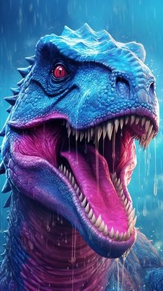 a dinosaur with its mouth open in the rain