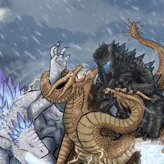 an image of two dragon fighting in the snow with ice and snow flakes behind them