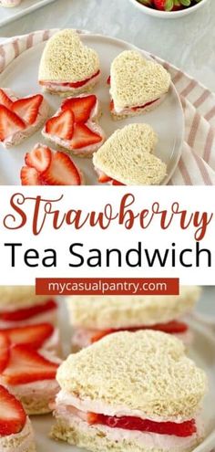 strawberry tea sandwich on a plate with strawberries in the background and text overlay
