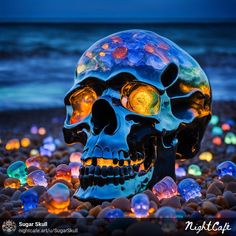 a skull with glowing eyes sitting on top of rocks