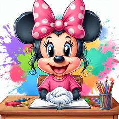 a cartoon minnie mouse sitting at a desk with paint splattered in the background