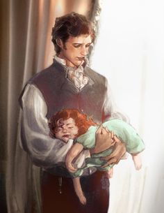 a painting of a man holding a child