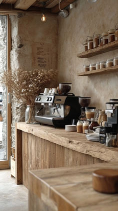 a coffee shop with lots of cups on the counter