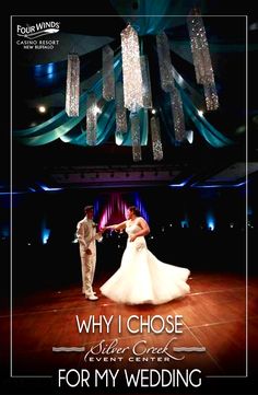 a bride and groom dancing on the dance floor with chandelier in the background