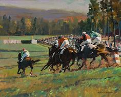 a painting of jockeys racing horses on a track