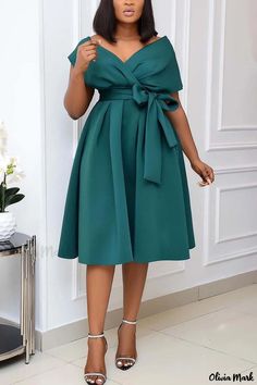 Olivia Mark - Elegante Vestido de Mujer de Cuello en V y Línea A - Verde, con Sólido Bandage Patchwork Line Dresses, Brocade Dresses, Fat Women, A Line Dresses, Party Dresses For Women, Waist Dress, Elegant Dress, Plus Size Dress, Green Fashion