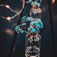 three glass vases with blue flowers in them on a table next to string lights