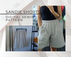 a woman wearing shorts with the words sandie shorts digital sewing pattern on it and an image of her pants