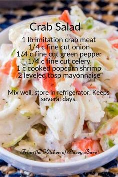 crab salad in a white bowl with instructions