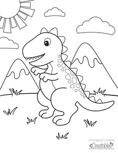 a cartoon dinosaur running in the grass with mountains and sun behind it coloring page for kids