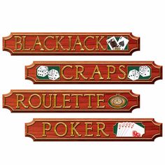 four wooden signs that say blackjack craps, rouleette and poker