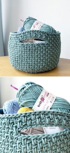 two baskets with yarn and knitting needles in them, one is blue and the other is green