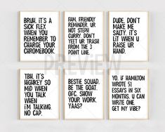 six black and white wall art prints with different phrases