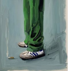 a painting of someone's feet with green pants and sneakers