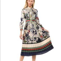 Absolutely Love This Midi For It’s Amazing Print! Perfect For Brunch, Birthday Parties And Church! Trendy Long Sleeve Shirts, Elegant Dresses Classy Vintage, Pleated Skirt Long, Crimson Dress, Dress With Pleated Skirt, Abstract Dress, Girls Vacation, Designer Midi Dresses, Blue Maxi Dress