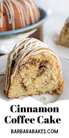 cinnamon coffee cake with icing on a white plate