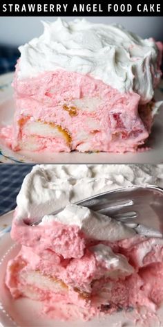 there is a piece of cake with pink frosting on the top and another slice has white frosting on the bottom