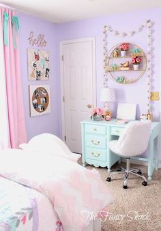 Sami Says AG & The Fancy Shack Girls Pastel Bedroom    Room makeover Rum Inspo, Bilik Idaman, Pastel Bedroom, Unicorn Bedroom, Purple Bedrooms, Interior Vintage, Bilik Tidur