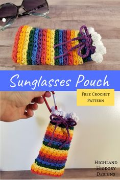 a crocheted pouch is shown with sunglasses on top and the title reads, sunglasses pouch free crochet pattern