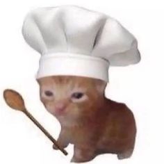 an orange cat wearing a chef's hat and holding a wooden spoon