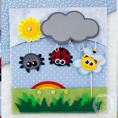 an image of a card with animals and clouds on it's side, including ladybugs