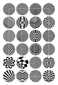 black and white circles are arranged in the shape of an optical illusion, with different patterns