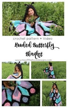 the crochet butterfly blanket is shown in multiple pictures