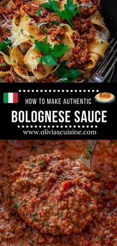 an italian dish with meat and sauce in a skillet next to the words how to make authentic bolognaese sauce
