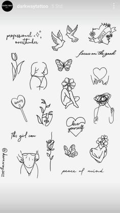 some tattoos that are on the back of a sheet of paper with words and flowers