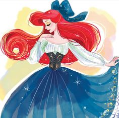 a drawing of a woman in a blue dress with long red hair wearing a witch hat