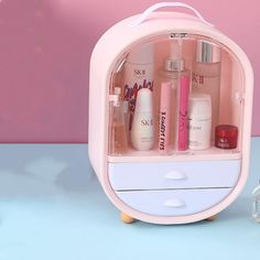 This dust-free makeup organizer with a lid is unique and elegant, making your dressing table or bathroom more elegant and tidy. Magnetic double door design, large storage capacity in layers. Skincare Mini Fridge, Mini Fridge Cabinet, Lotion Organization, Preppy Bedroom, Diy Makeup Storage, Double Door Design, Cosmetic Display, Skincare Organization, Vanity Organization