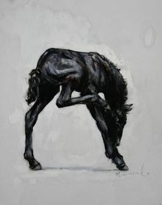 a painting of a black horse bending down