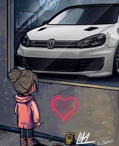 a drawing of a girl standing in front of a white car with graffiti on it
