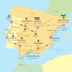 a map of spain with all the major cities and towns on it's side